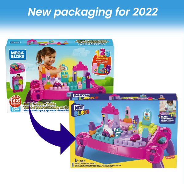 MEGA BLOKS Toy Blocks Blue Build N Learn Table With Storage (30 Pieces) For Toddler