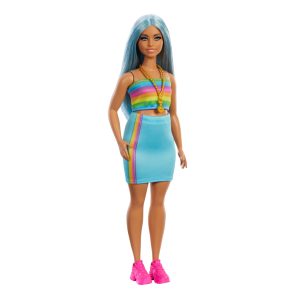 Barbie Fashionistas Doll #218 With Blue Hair, Rainbow Top & Teal Skirt, 65Th Anniversary