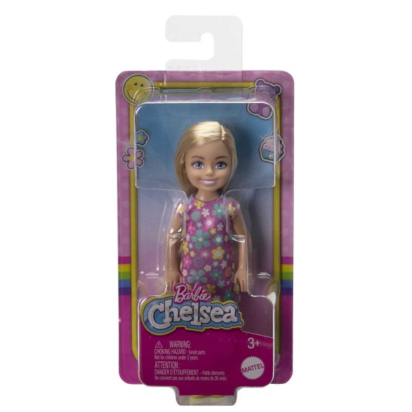 Barbie Chelsea Doll, Small Doll Wearing Purple Flowered Dress With Blond Hair & Blue Eyes