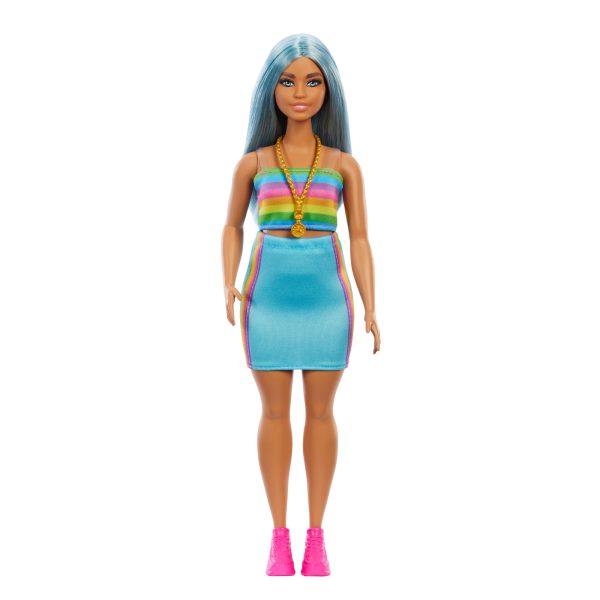Barbie Fashionistas Doll #218 With Blue Hair, Rainbow Top & Teal Skirt, 65Th Anniversary