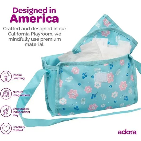 Adora - Baby Doll Diaper Bag, Includes Changing Mat and 2 Doll Diapers, Blue Flower Power