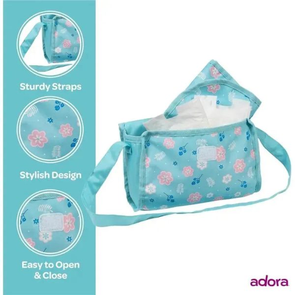 Adora - Baby Doll Diaper Bag, Includes Changing Mat and 2 Doll Diapers, Blue Flower Power