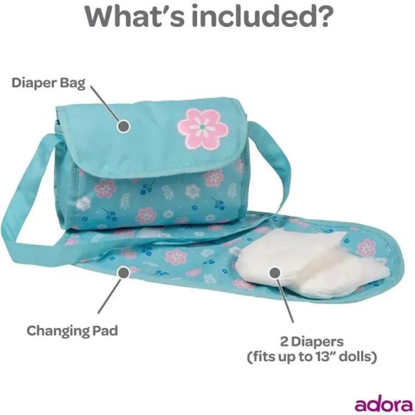 Adora - Baby Doll Diaper Bag, Includes Changing Mat and 2 Doll Diapers, Blue Flower Power
